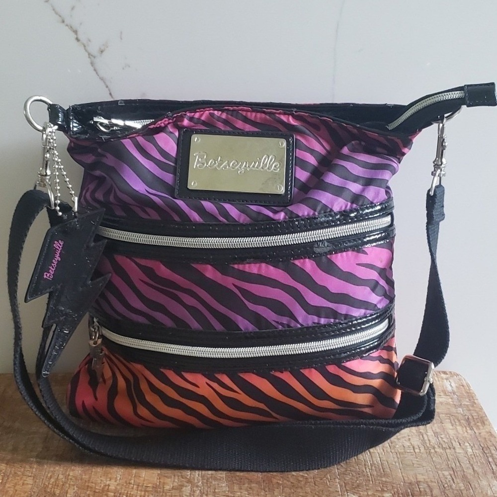 Betseyville Crossbody Bag Pink Purple Zebra Print Medium Y2K‎ McBling Purse